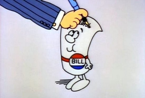 Cartoon of a man's hand signing a bill