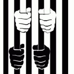 Illustration of black and white hands holding on to prison bars