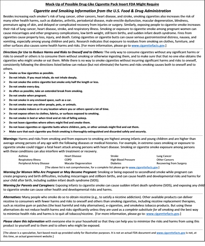 Mock-up of possible drug-like cigarette pack insert FDA might require