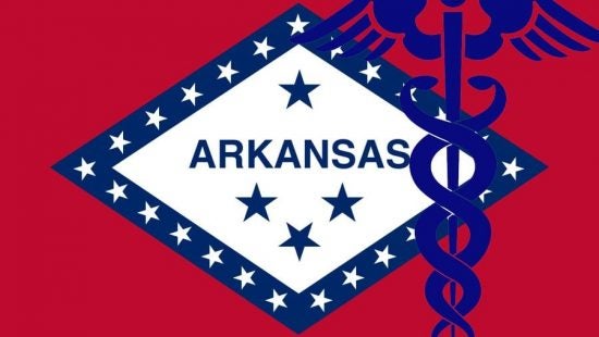 Arkansas map with medical logo superimposed