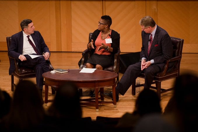 Tracie Gardner (Legal Action Center), Mayor Stephen Williams (Huntington, WV), and moderator Dr. Michael Botticelli (Boston Medical Center) discuss systemic barriers to solving the opioid crisis.