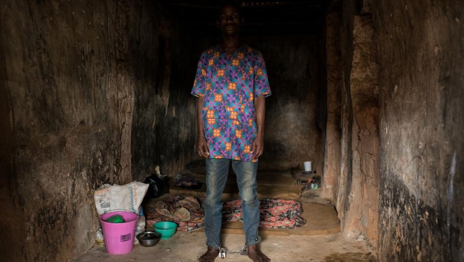 Man with chained legs in a Christian "rehabilitation" center in Ibadan City, Oyo State, Nigeria.