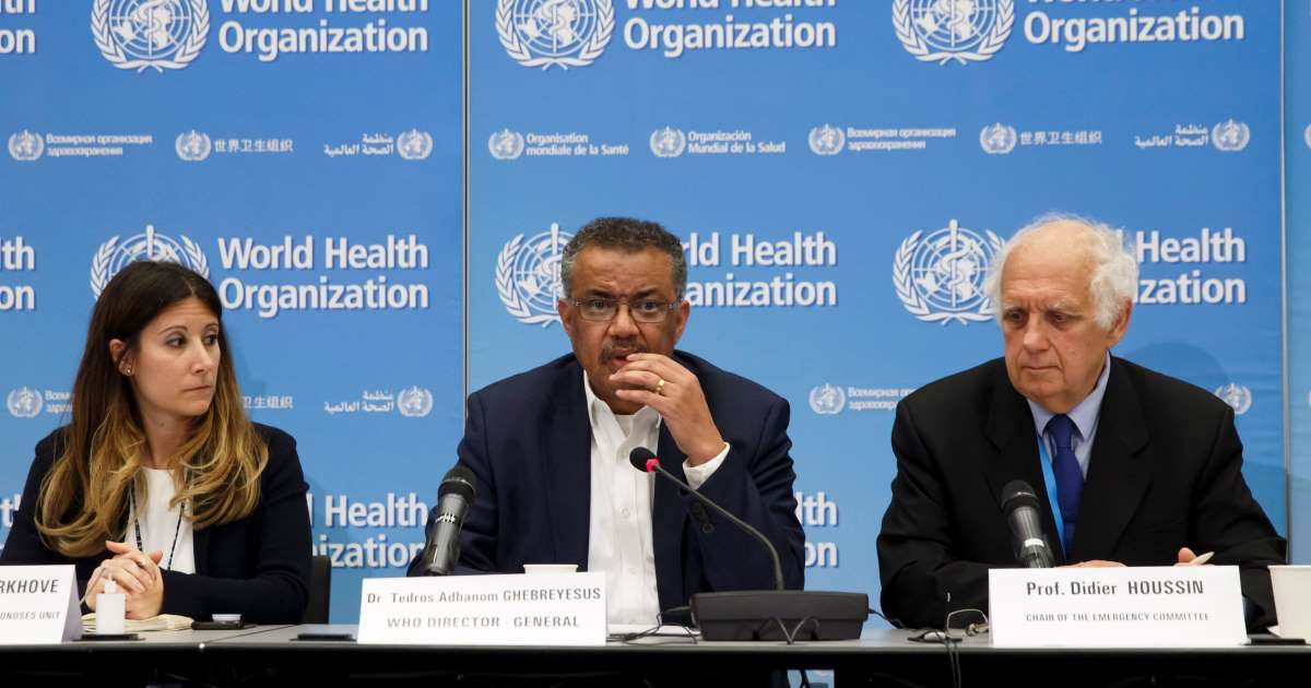 WHO Director-General Dr. Tedros, Emergency Committee Chair Prof. Didier Houssin, and Dr. Maria Van Kerkhove at Jan 23, 2020 press conference