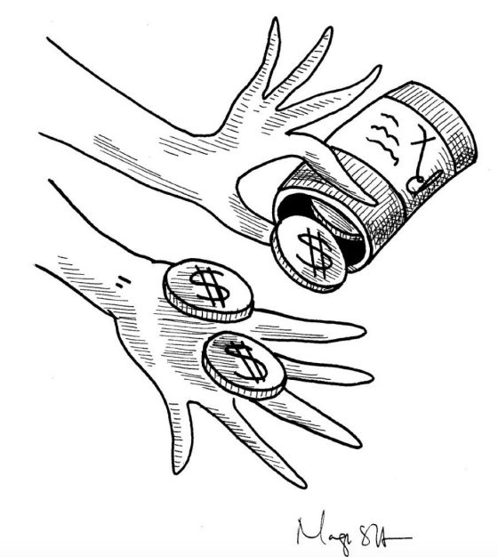 Illustration of a prescription bottle with coins coming out