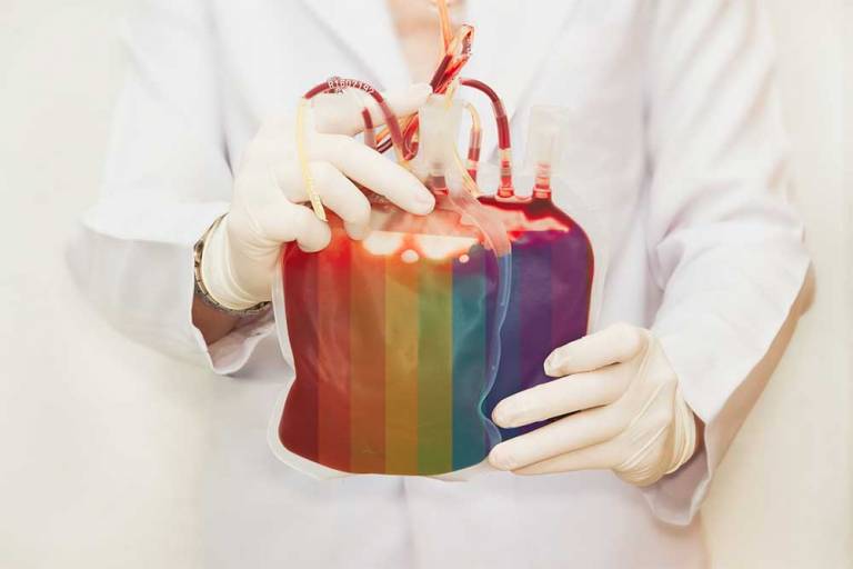 blood bag with rainbow flag