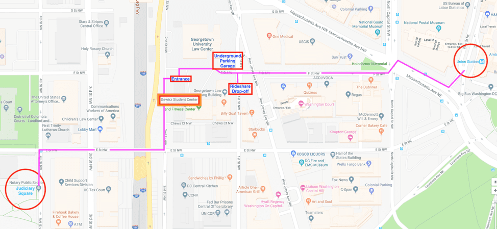 Map showing rideshare drop off point on 1 St NW, Wasington Dc