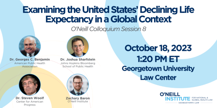 Promotional graphic for October 18 colloquium session on declining life expectancy in the United States in a global context