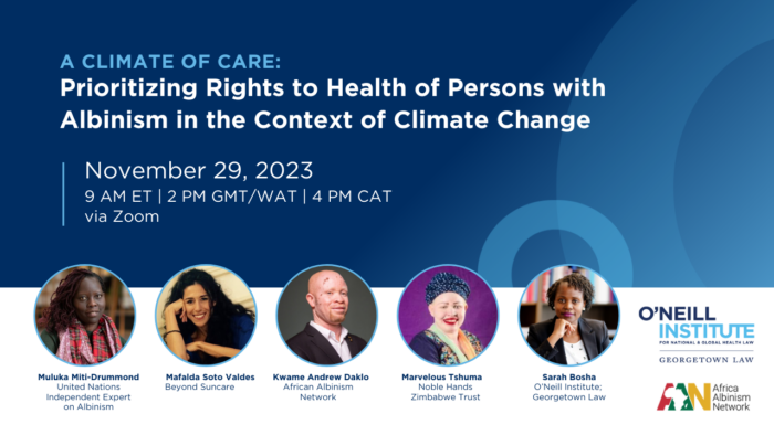 Promotional graphic for the November 29th webinar, "A Climate of Care: Prioritizing Rights to Health of Persons with Albinism in the Context of Climate Change."