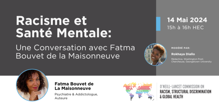 Promotional graphic for May 14 title, "Racisme et Santé Mentale: Une Conversation avec Fatma Bouvet de la Maisonneuve"