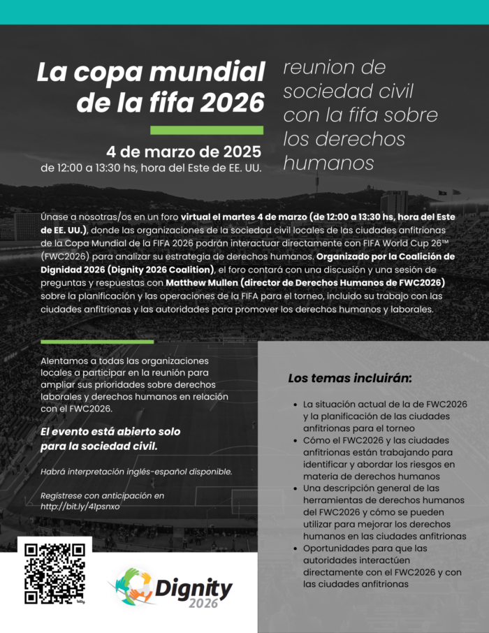 Spanish flyer for "2026 World Cup Stakeholder Town Hall" taking place on Zoom on March 4