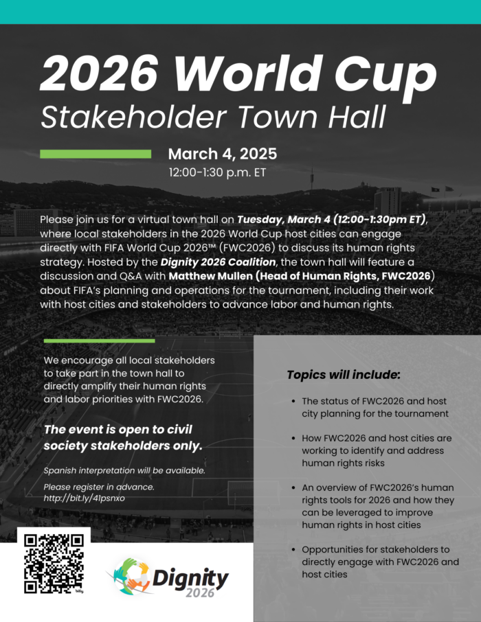 Flyer for "2026 World Cup Stakeholder Town Hall" taking place on Zoom on March 4