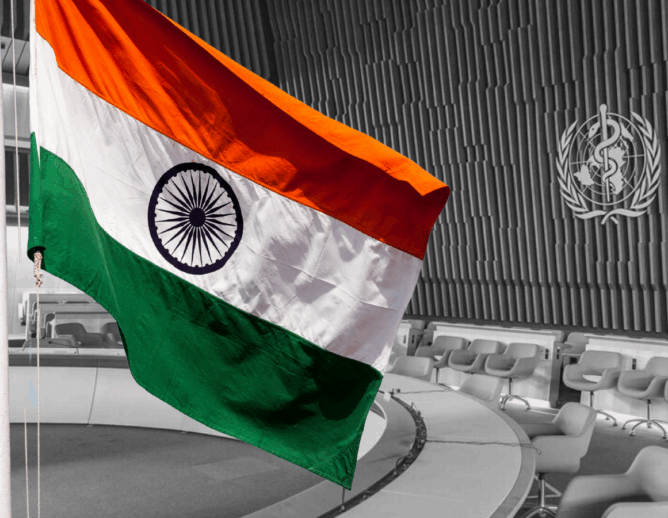 Image of India's flag overlaying room in WHO