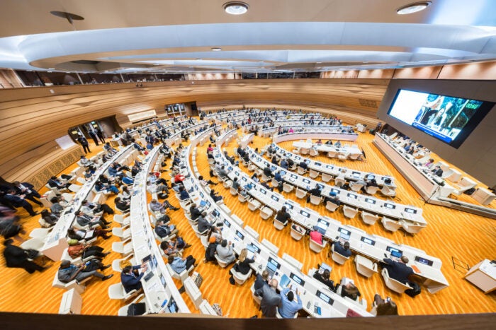 Photograph of the assembly room at the World Health Organization in Geneva